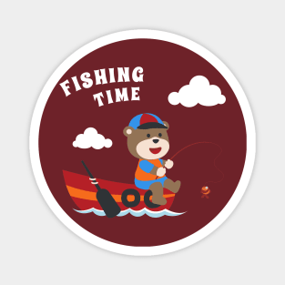 Vector cartoon illustration of cute bear fishing on sailboat with cartoon style. Magnet